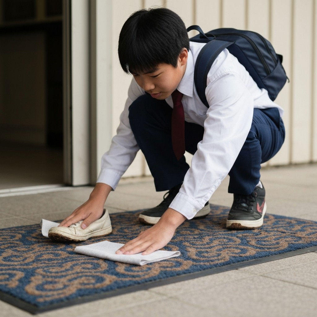 Student wiping shoes on an entrance mat