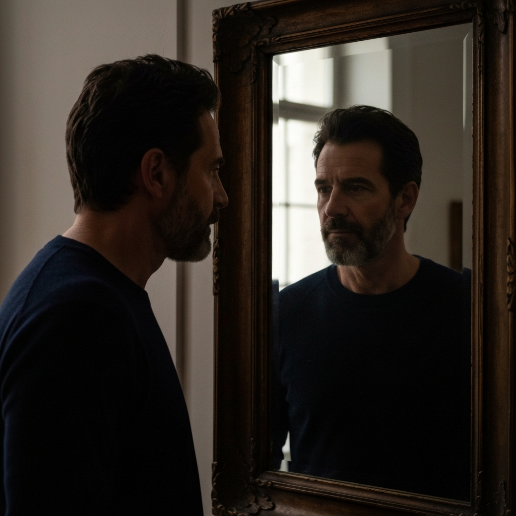 Silhouette of a person looking in a mirror, with a more confident reflection showing.