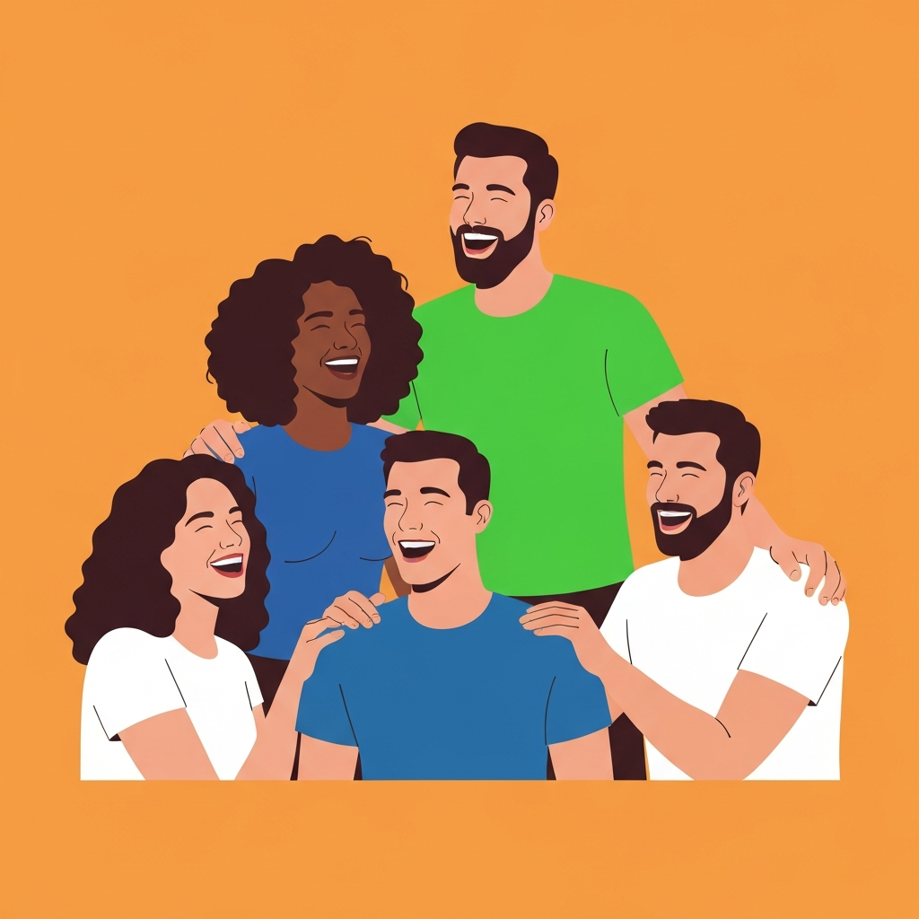 A group of friends laughing and supporting each other.