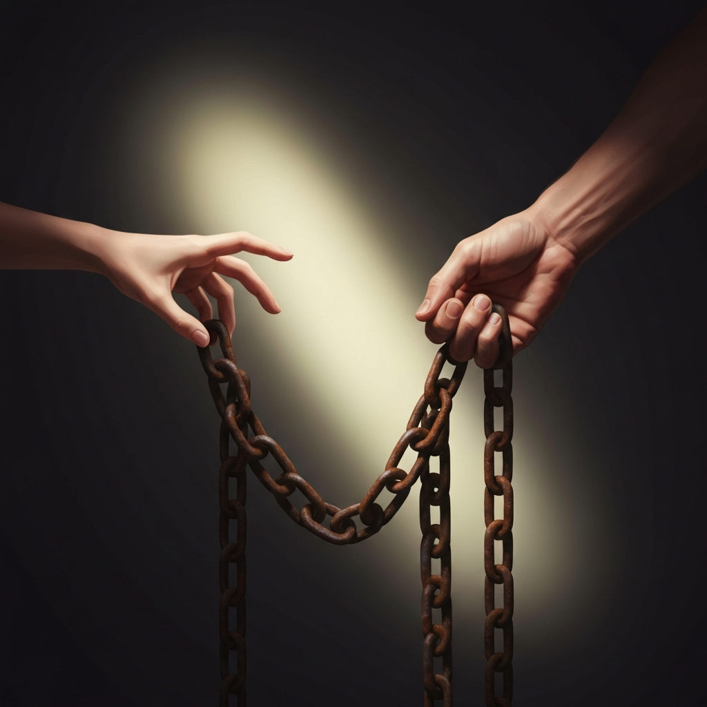 Illustration symbolizing forgiveness, with hands releasing chains