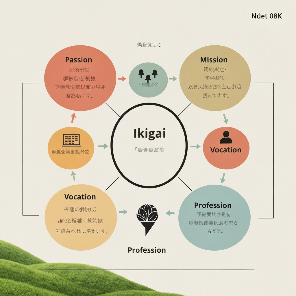 Diagram illustrating the core principles of Ikigai: passion, mission, vocation, and profession.