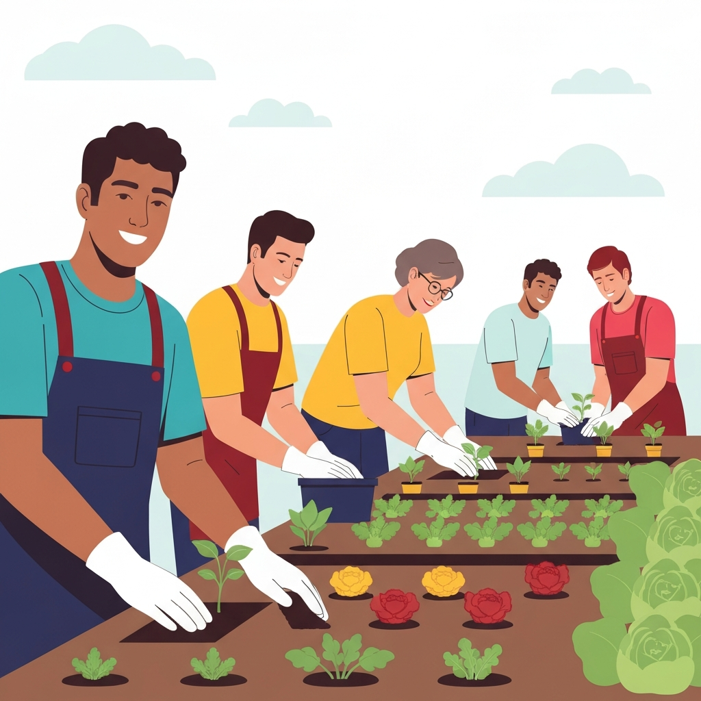 A group of people volunteering, symbolizing contributing to the world's needs.