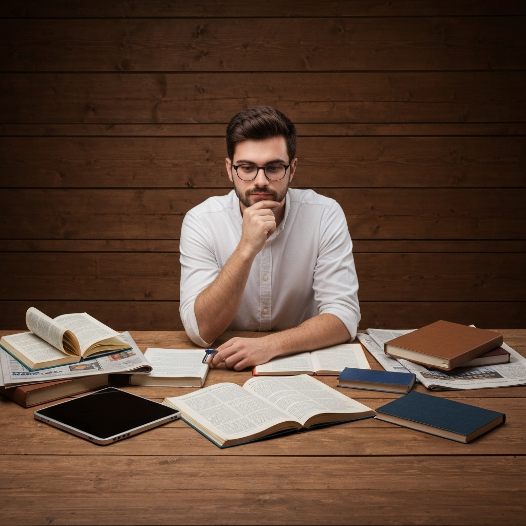 Person thoughtfully considering different sources of information.