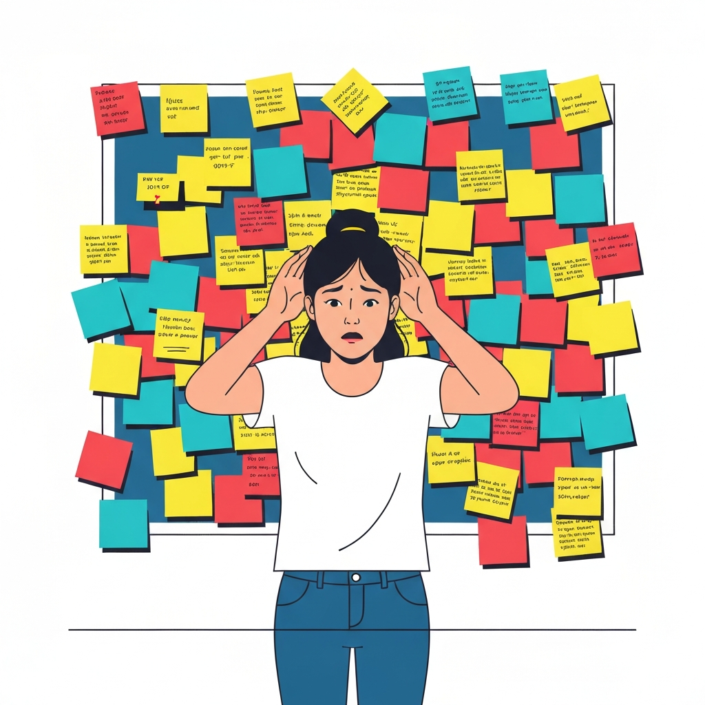 A person looking overwhelmed by too many sticky notes with motivational quotes.