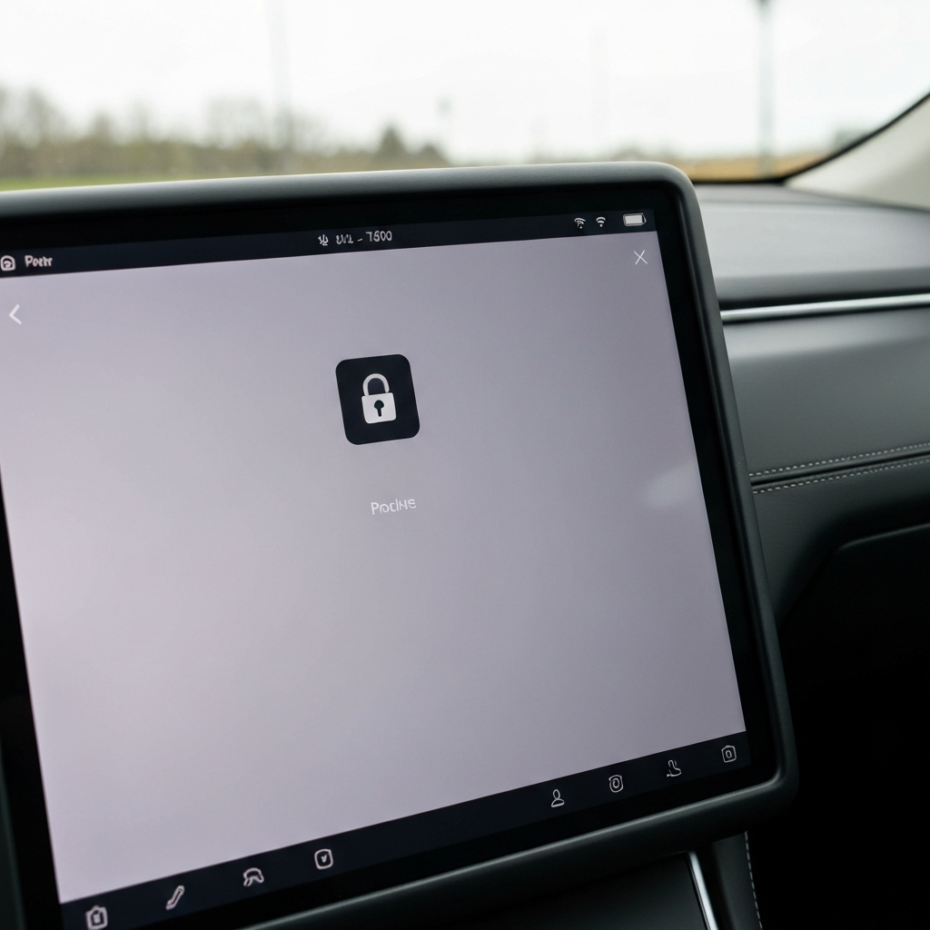 Tesla touchscreen showing the lock icon at the top of the screen.