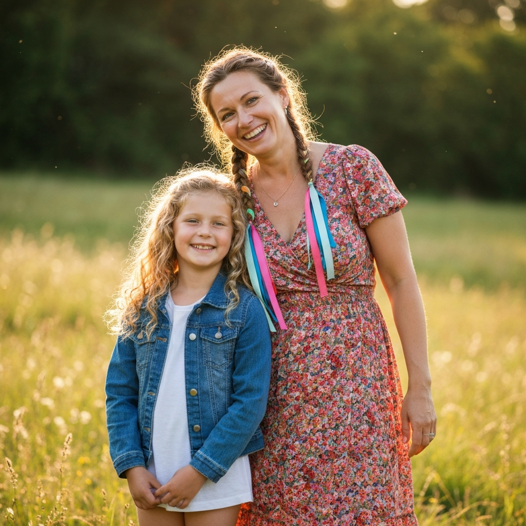 Mother and daughter smiling together, caption examples: 'My heart in human form' or 'Unconditional love personified'