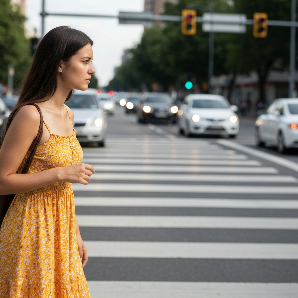 Pedestrian carefully observing traffic while preparing to cross the street.