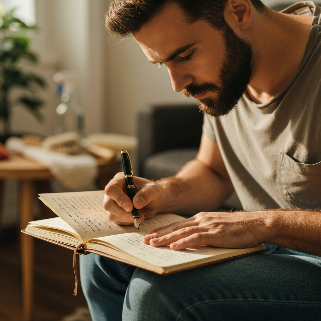 Person writing in a journal, with a focus on identifying cleaning triggers.
