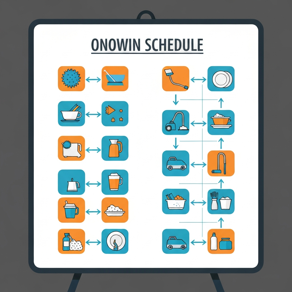 A cleaning schedule written on a whiteboard, breaking down tasks into smaller steps.