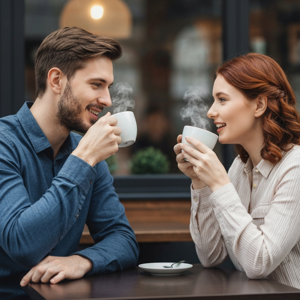 Two people amicably having coffee after a breakup, symbolizing a successful friendship.