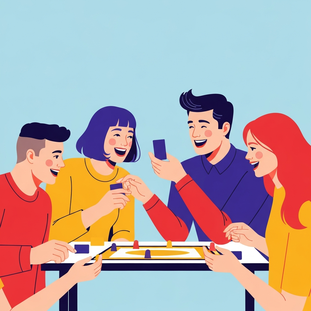 A group of friends, including an ex-couple, laughing and enjoying a board game night.