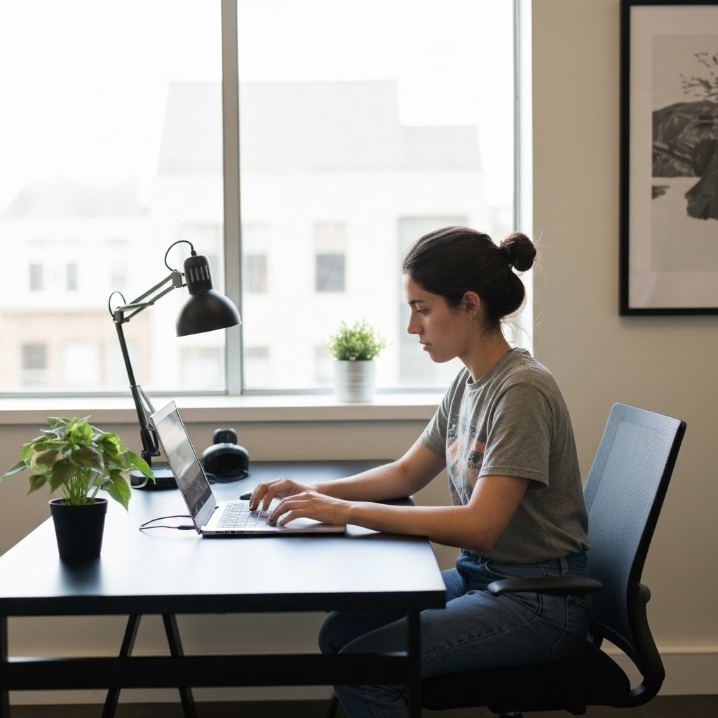 Gen Z employee working at a laptop, emphasizing work-life balance with a plant on their desk.