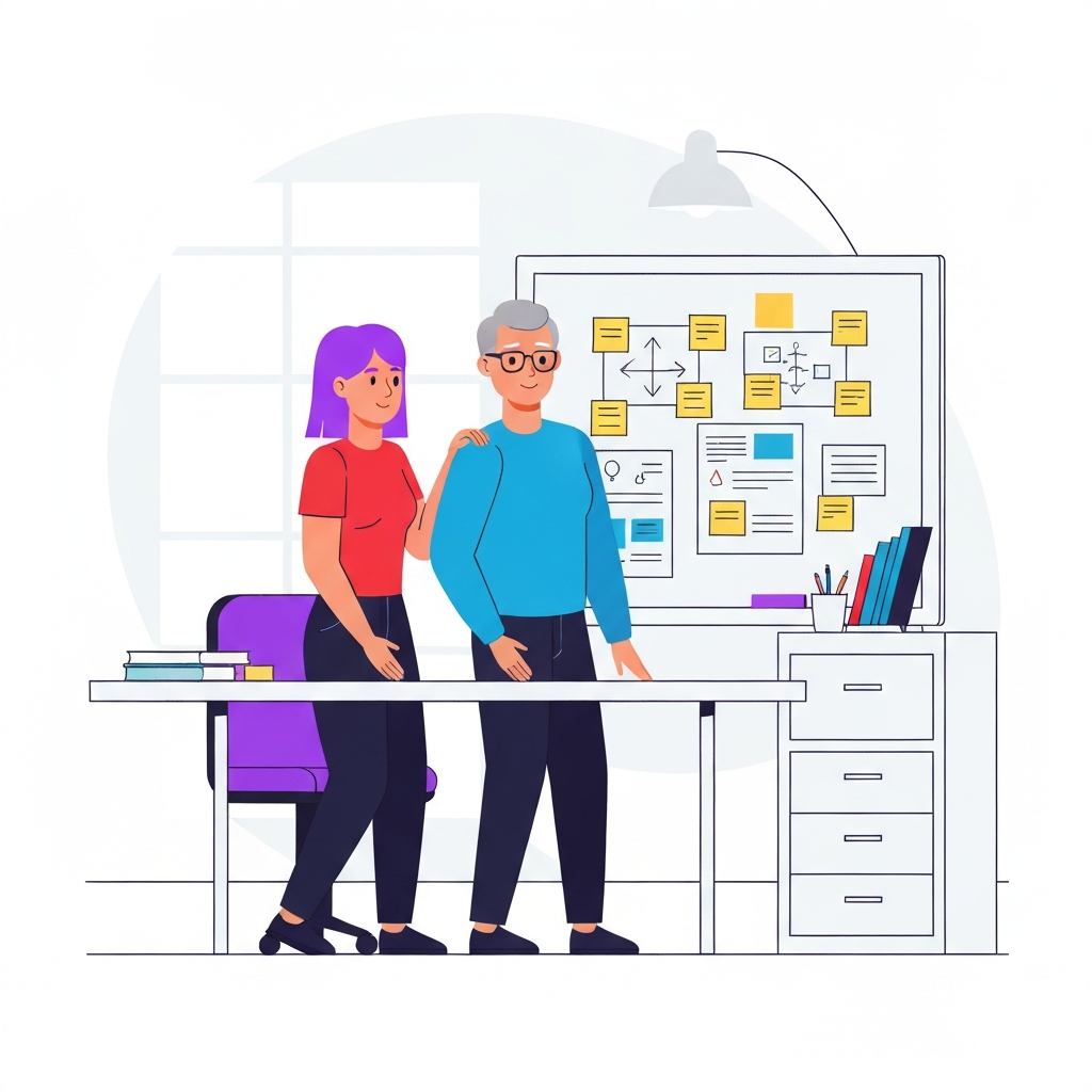 Gen Z and older generation coworkers collaborating on a project, emphasizing communication and teamwork.