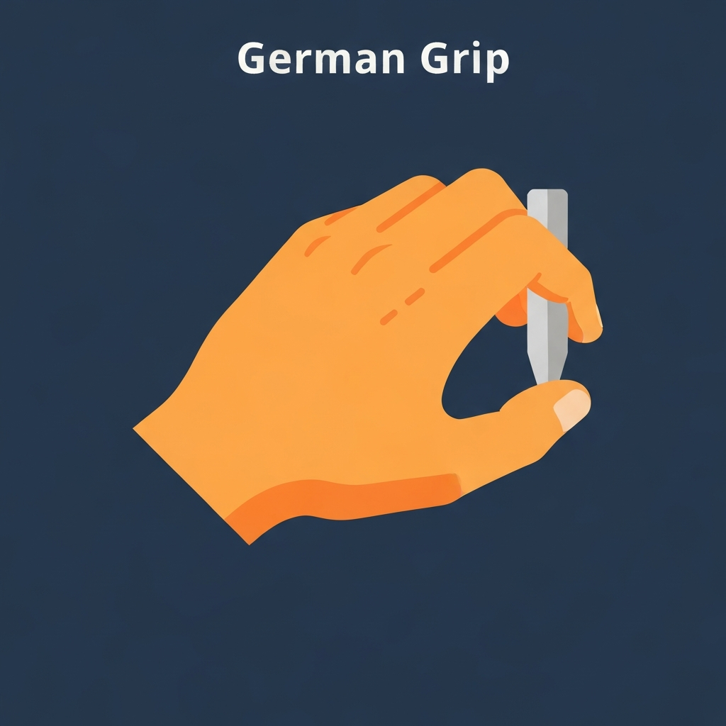 Illustration of the German grip, emphasizing the palm-down hand position.