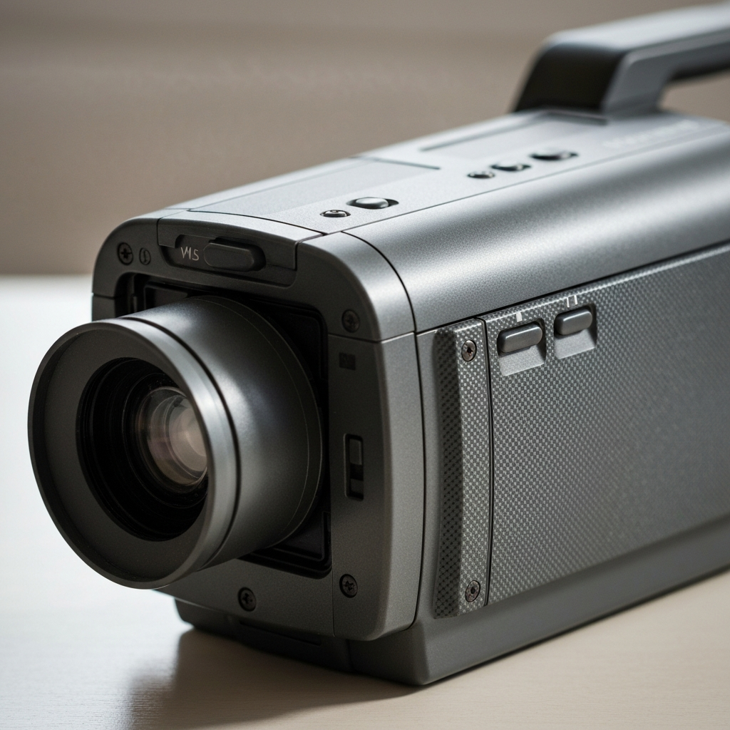 A typical VHS camcorder with a tape inserted.