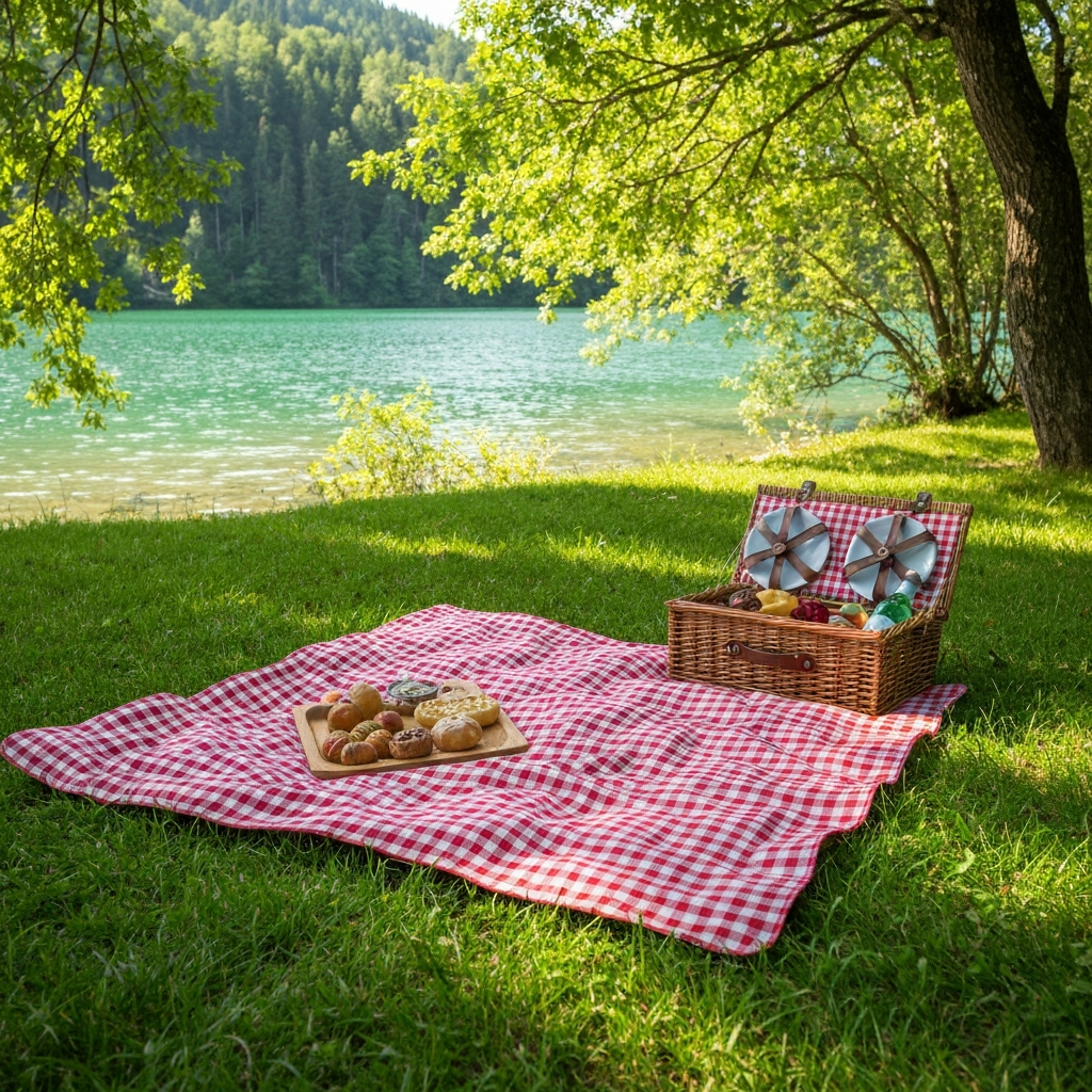 A picturesque picnic spot with a blanket spread out on the grass near a lake.