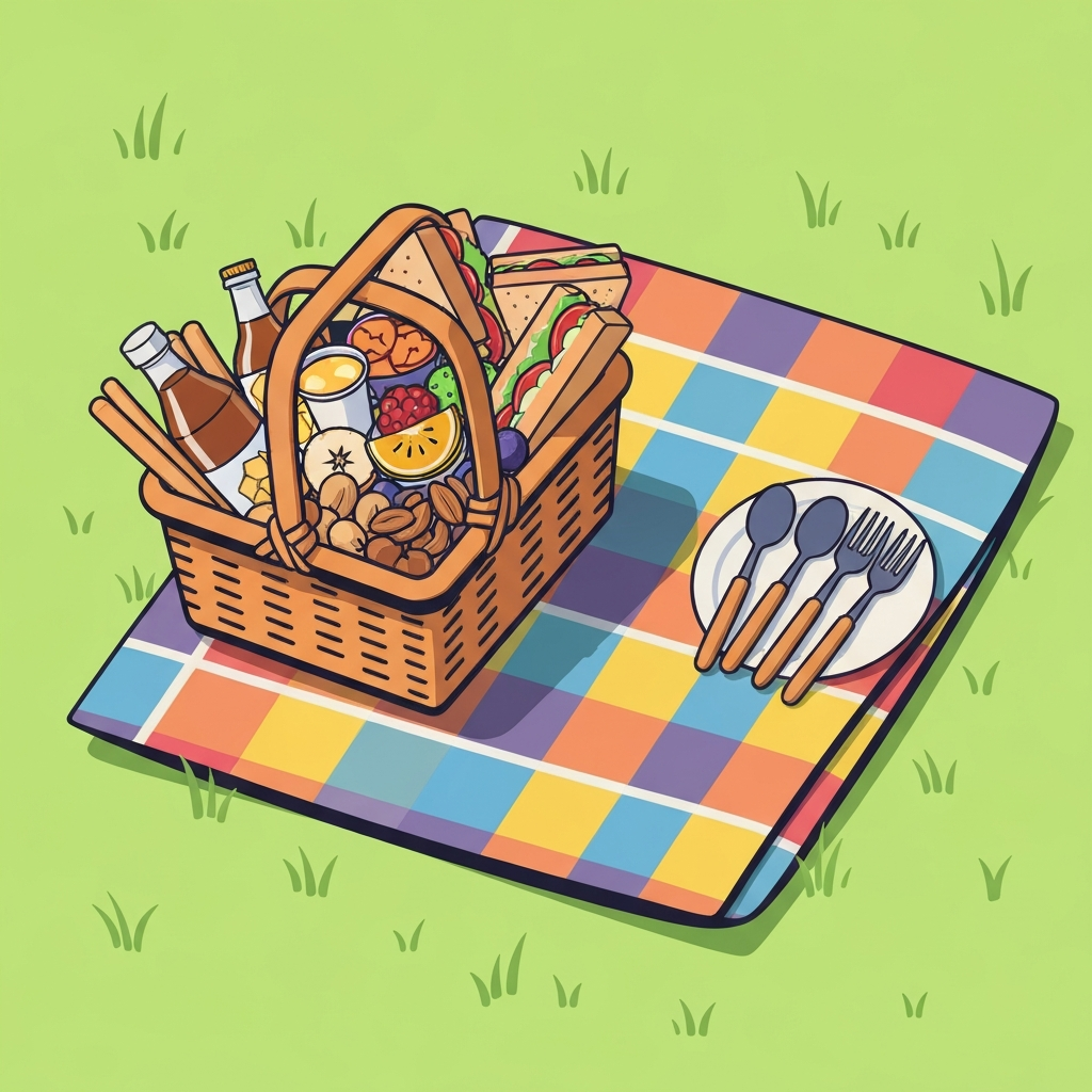 A picnic basket filled with various items, including food, drinks, utensils, and a blanket.