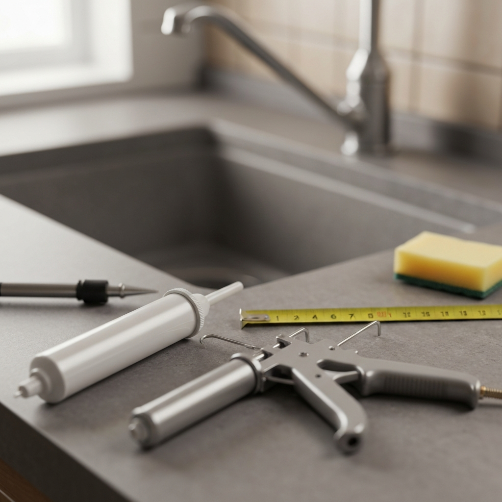 Tools and materials needed to caulk a kitchen sink