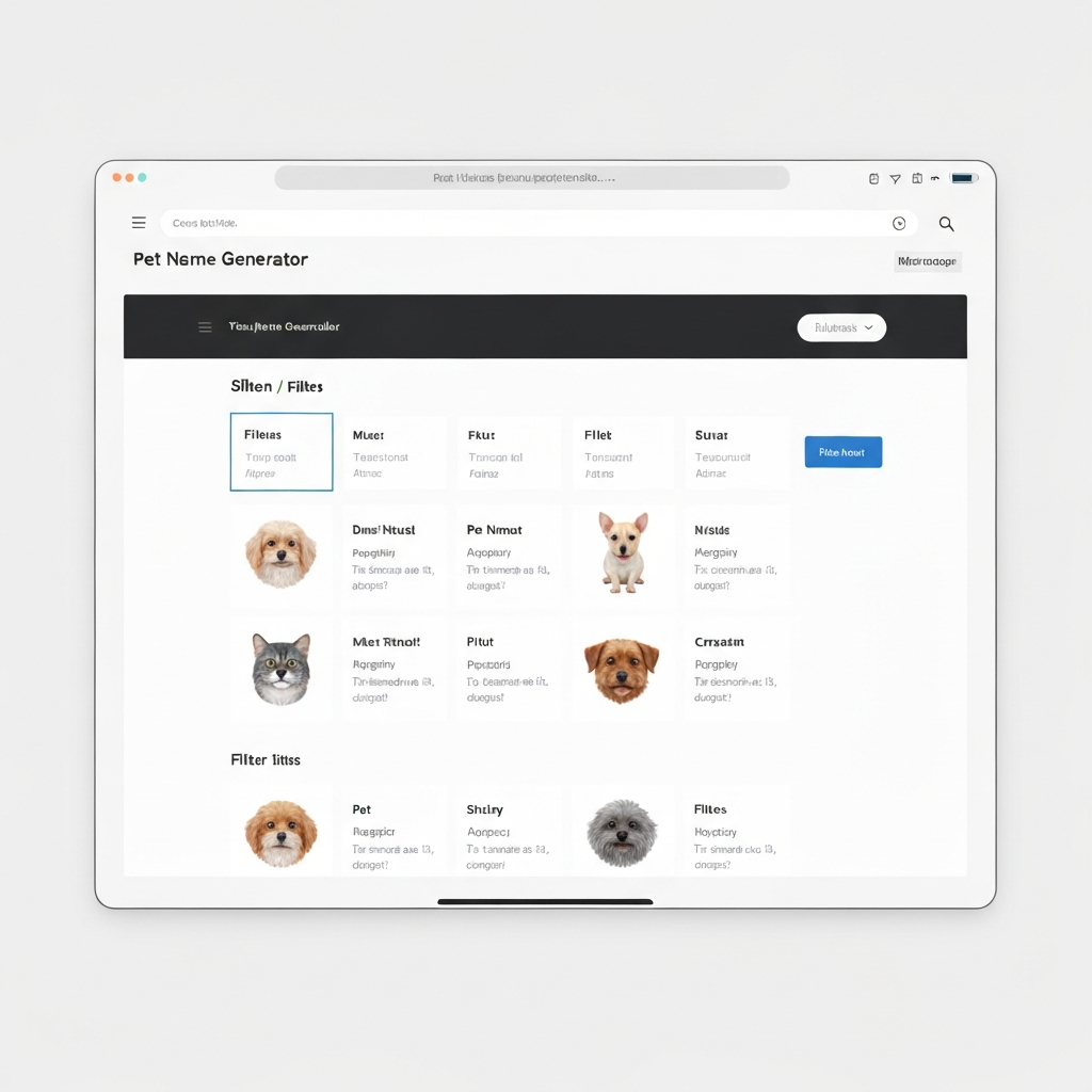 Screenshot of a pet name generator website with various filters.