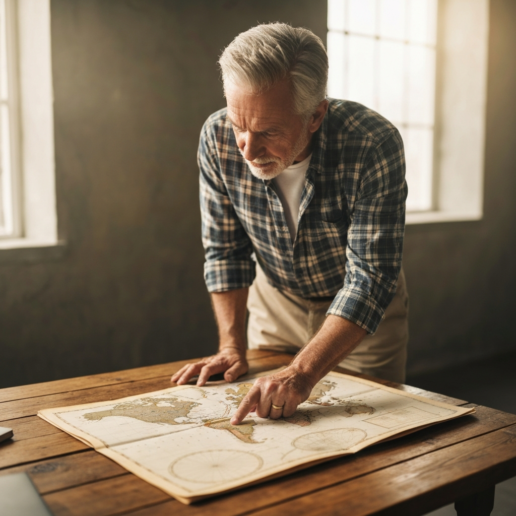 Person thoughtfully looking at a world map, planning a trip.