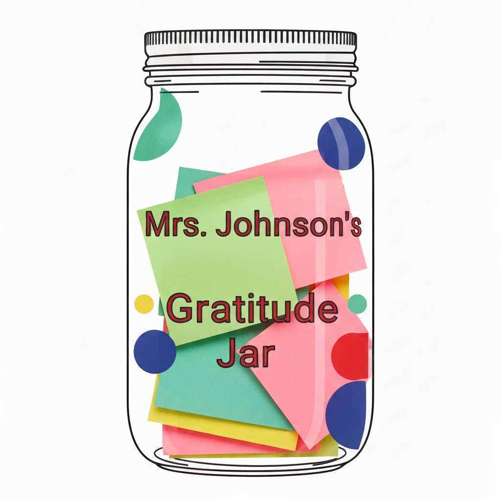 A decorated mason jar filled with sticky notes, labeled 'Mrs. Johnson's Gratitude Jar'.