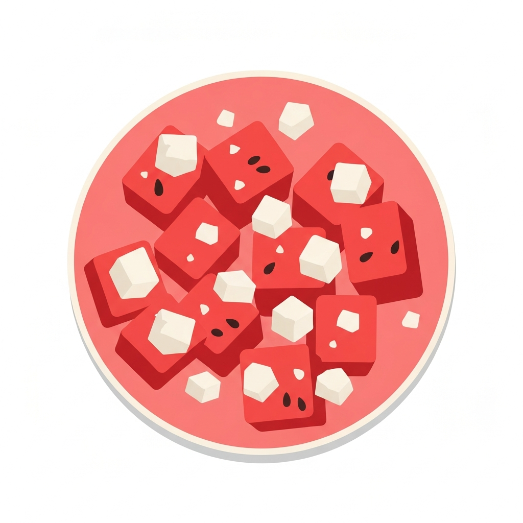 Cubed watermelon and crumbled feta cheese on a plate.