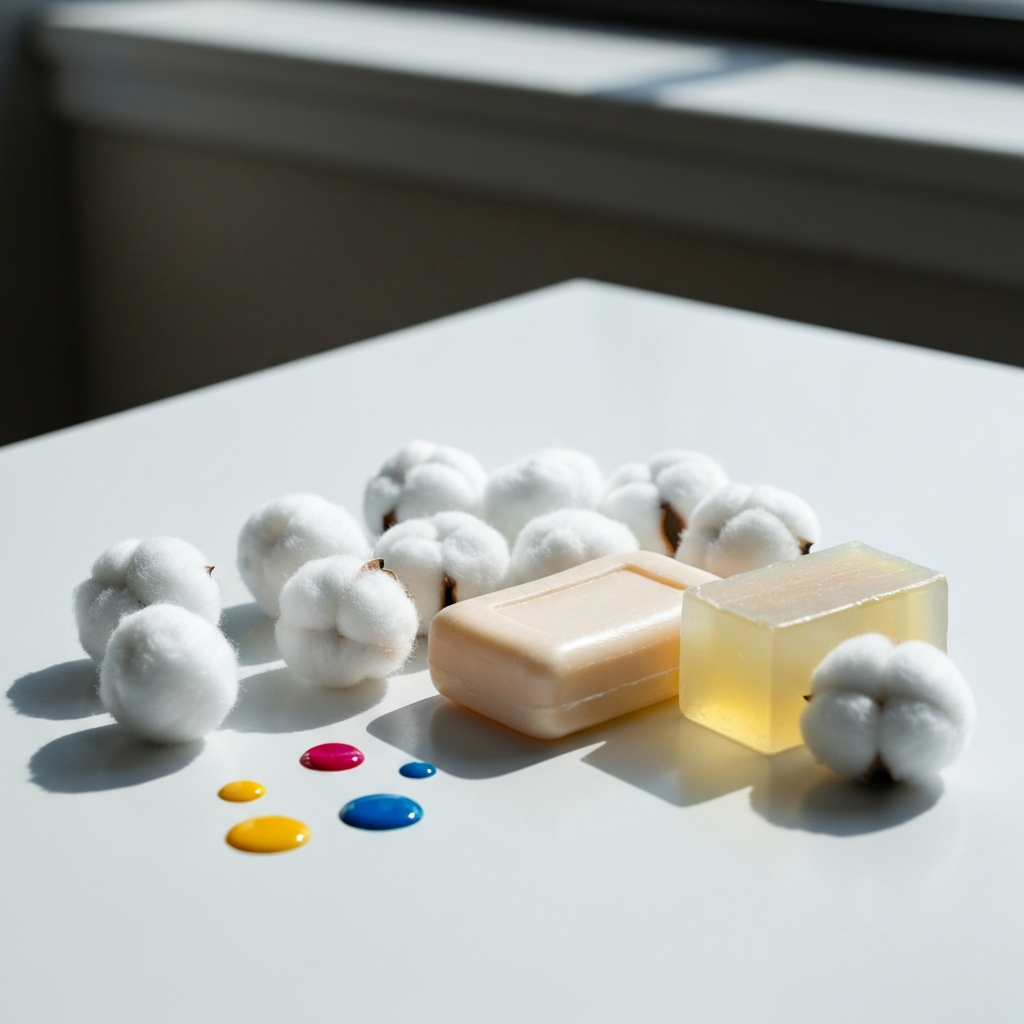 Image of cotton balls, soap, and food coloring on a table.