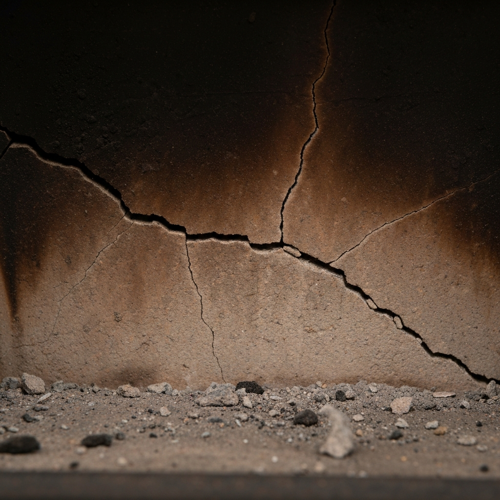 Close-up of a crack in a fireplace firebox.