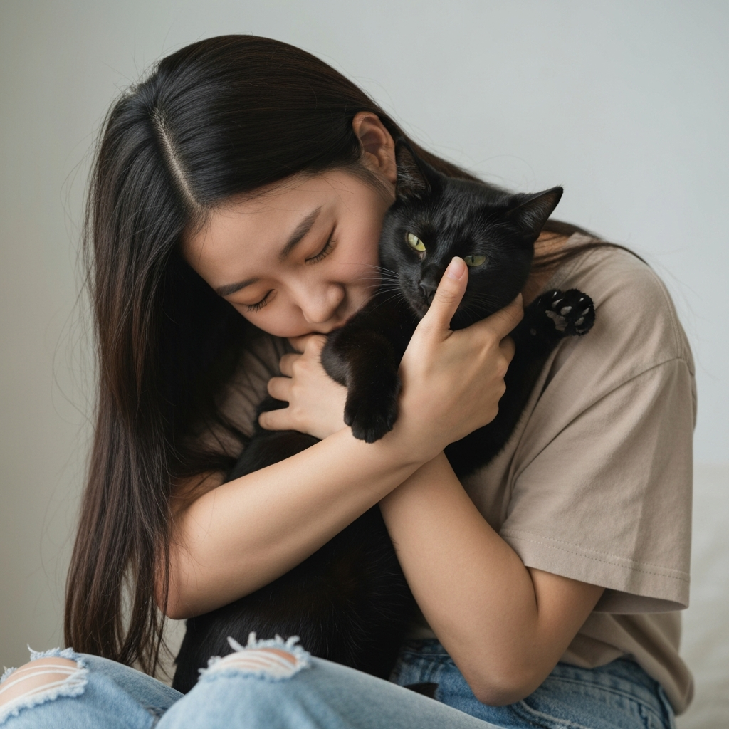 A person cuddling with a cat, representing the deep connection of a soul pet.