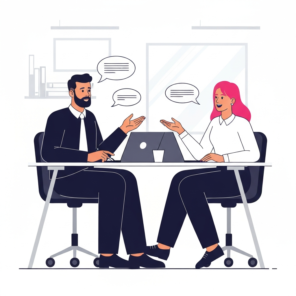 Two employees discussing work and giving feedback.