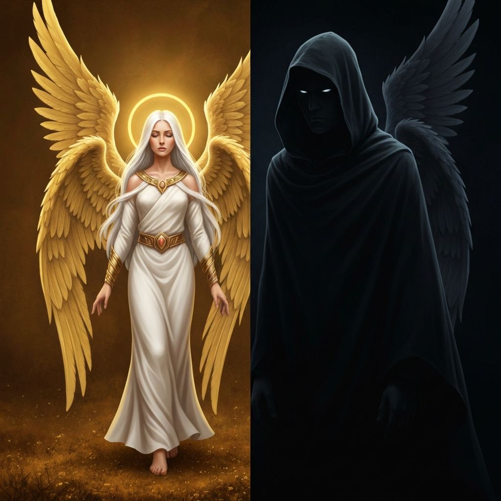 A stylized image representing both a shining angel and a shadowed figure.