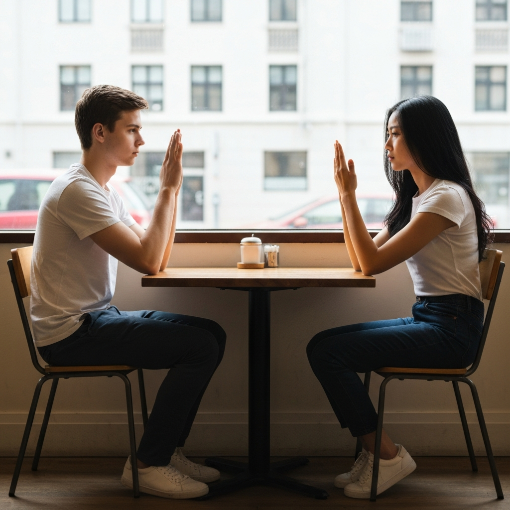 Two people sitting apart, avoiding eye contact, suggesting poor communication
