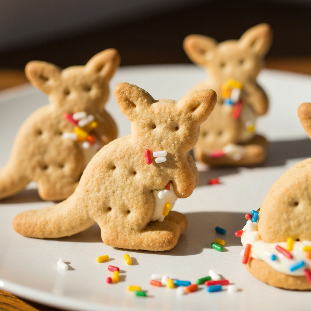 Homemade Dunkaroos: kangaroo-shaped graham crackers with vanilla frosting and rainbow sprinkles.