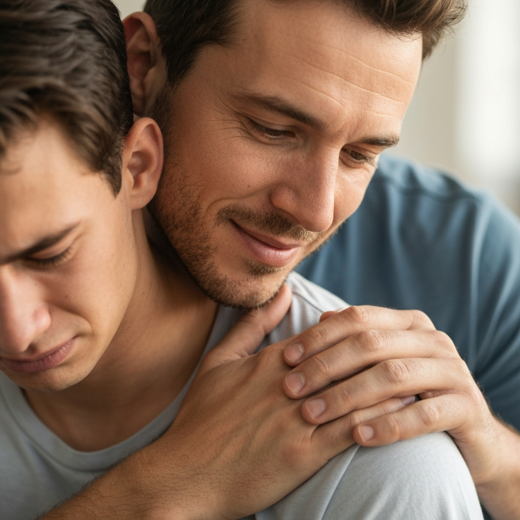 Person consoling a friend with a hand on their shoulder