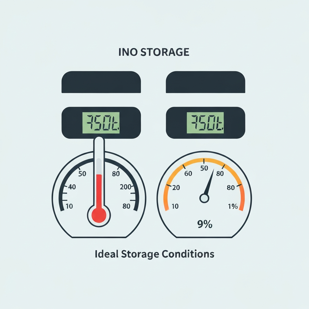 Thermometer and humidity gauge showing ideal storage conditions.