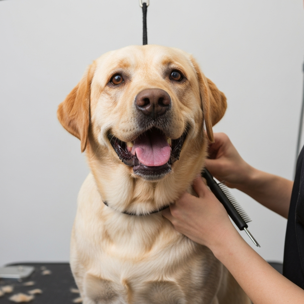 Dog getting groomed with a happy expression.