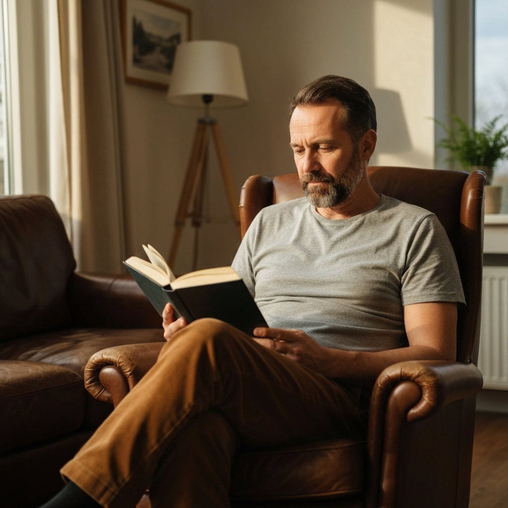 Man reading a book in a relaxed setting.