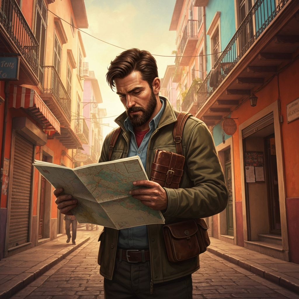 Man looking at a map while traveling in a foreign country.