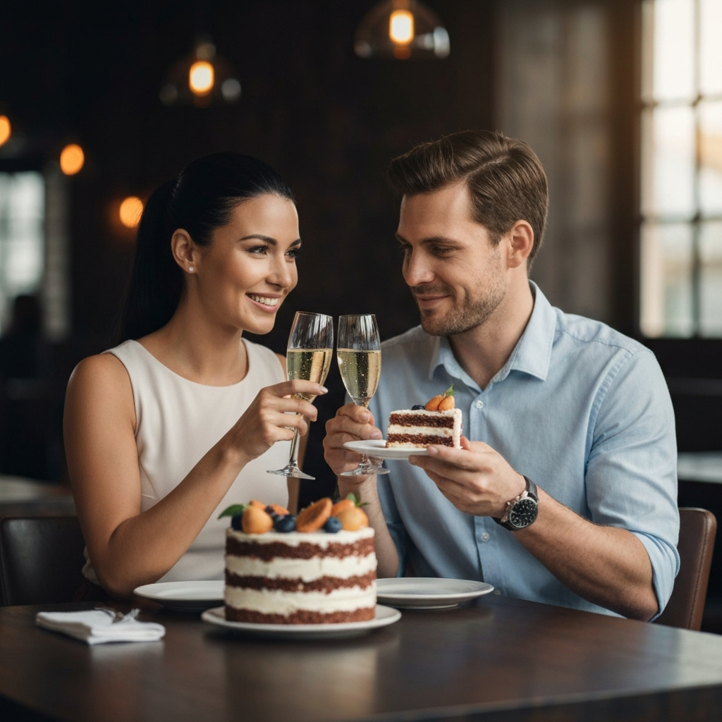 Couple celebrating their anniversary with cake and champagne