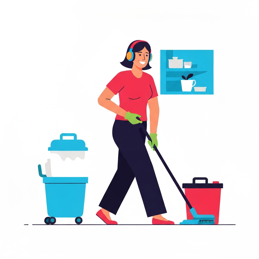 Person cleaning while listening to music with headphones.