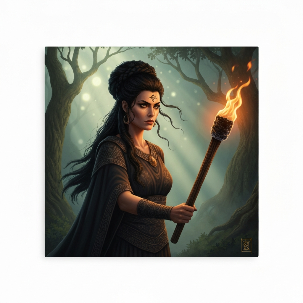 Illustration of Hecate holding a flaming torch.