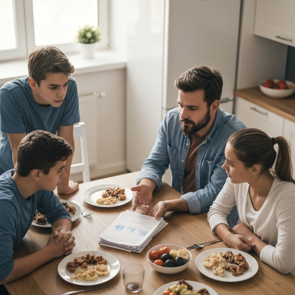 Family having a financial discussion at the table.