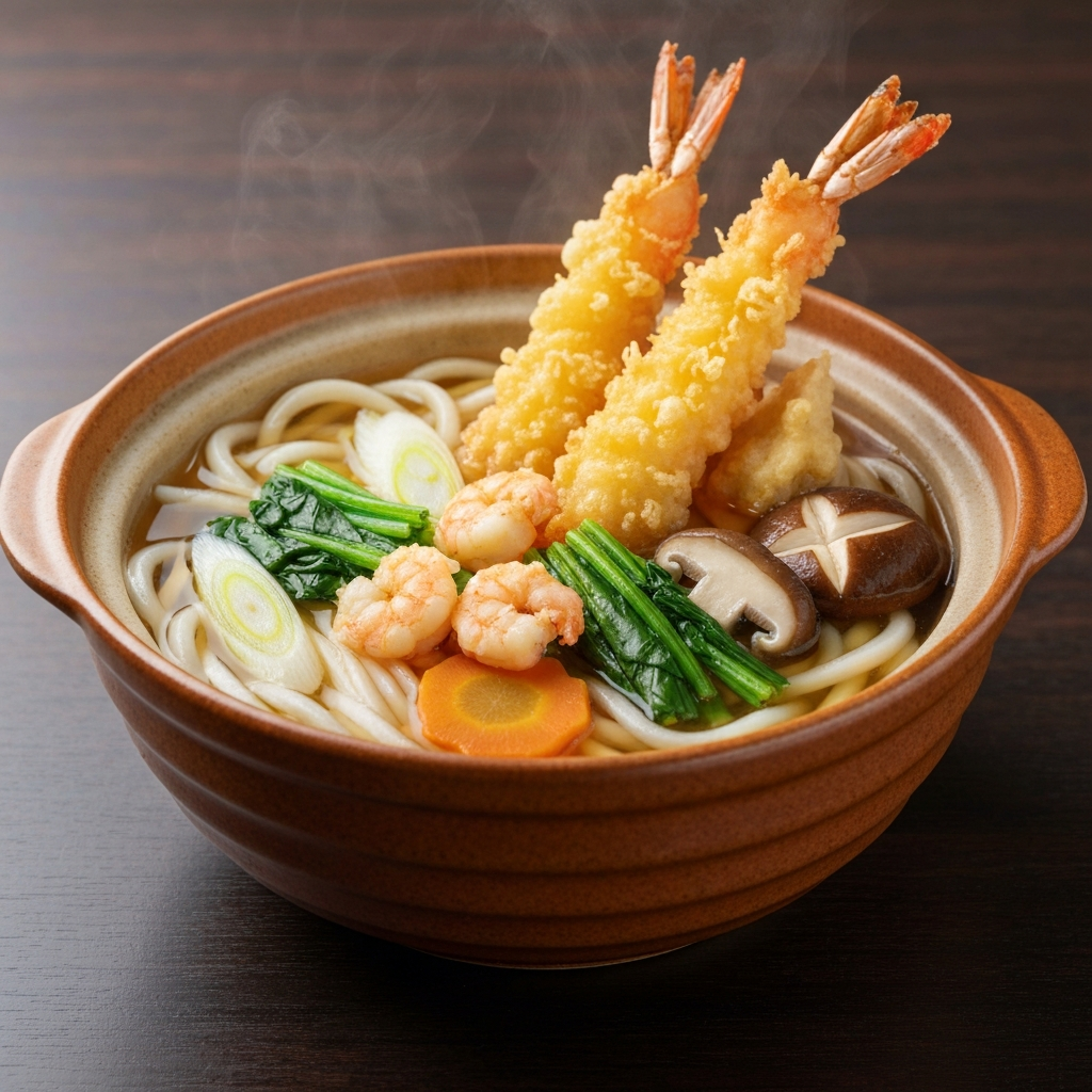 A steaming bowl of Udon noodle soup with tempura.