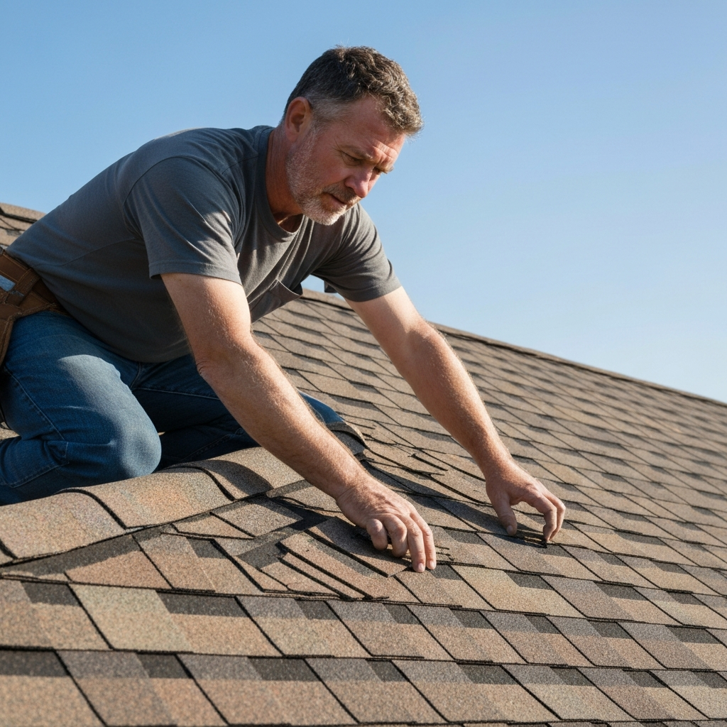 A professional inspecting a shingle roof for damage.