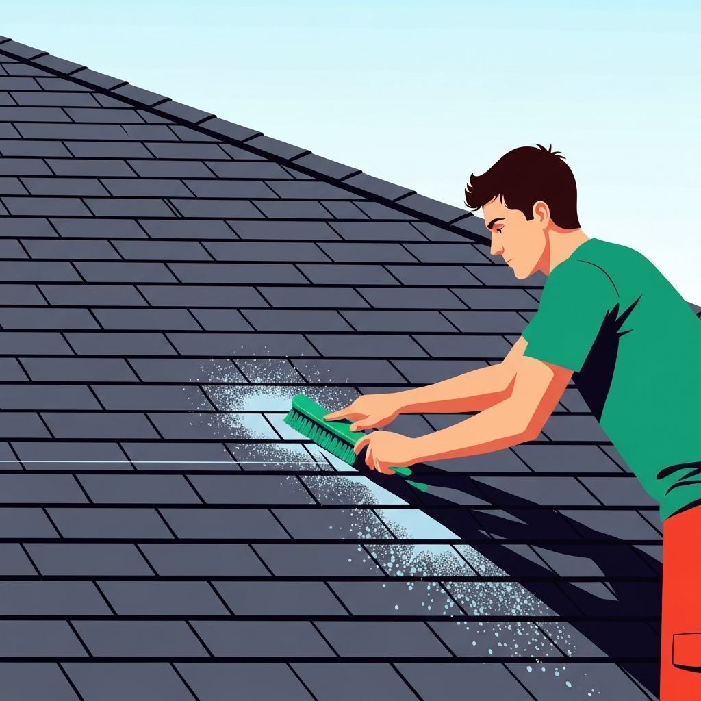 Someone cleaning a roof with a soft brush and water.