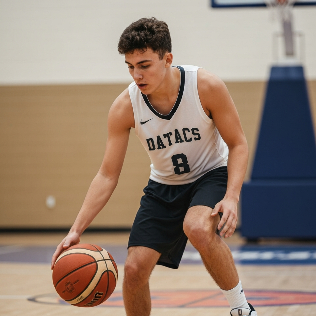 Proper dribbling posture: knees bent, eyes up, ball controlled with fingertips.