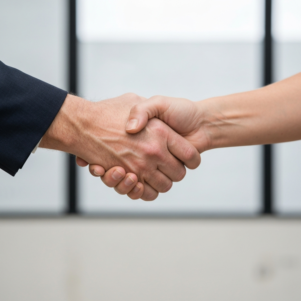 Two hands shaking in agreement, symbolizing integrity.
