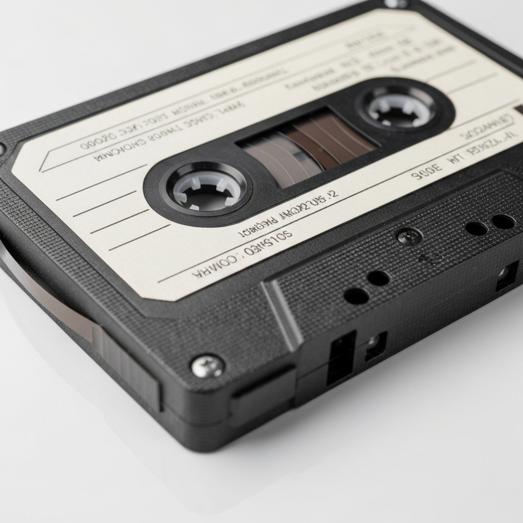 Close-up of a cassette tape, showing the tape spools and label.