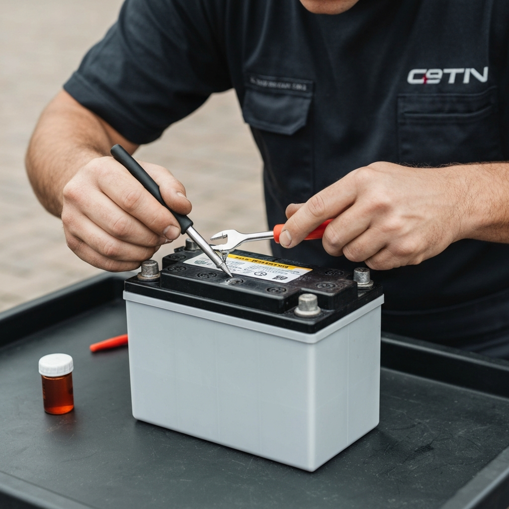 Checking the electrolyte levels in an ATV battery.