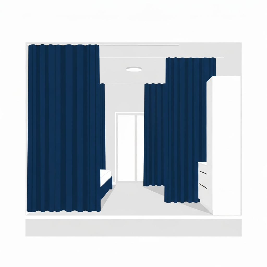 Studio apartment divided by fabric curtains